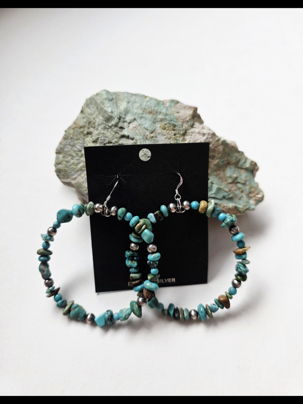 Turquoise Chip Hoop Earrings - Silver Accents
